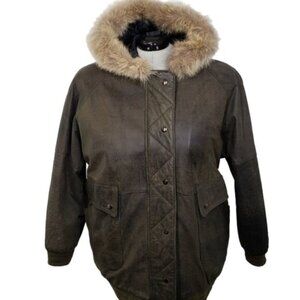 Vintage Olde Hide House Green Leather Coat Quilted Lining Hooded Trimmed